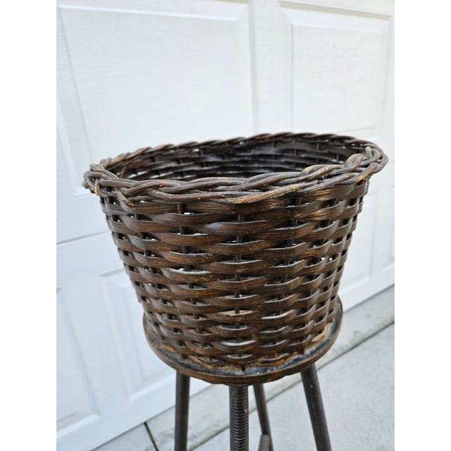 40s Round Rattan Wicker Basket Planter Spindle Legs For Sale - Image 10 of 12