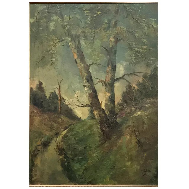 This peaceful Antique Framed Oil Painting on Canvas depicts a lovely pastoral scene complemented by the original frame....