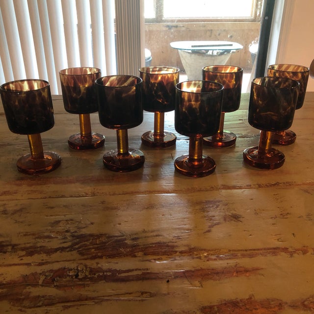 Mid-Century Modern 1970s Vintage Mid-Century Modern Handblown Amber Leopard Pattern Goblets - Set of 8 For Sale - Image 3 of 11