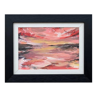 Impasto Abstract Landscape Seascape Framed Painting With Pink Red Black & Golden Yellow, 2024 For Sale
