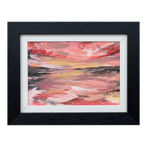 Impasto Abstract Landscape Seascape Framed Painting With Pink Red Black & Golden Yellow, 2024