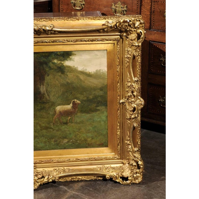 Green Large Antique Oil Painting of Sheep and Shepherdess in Antique Giltwood Frame For Sale - Image 8 of 10