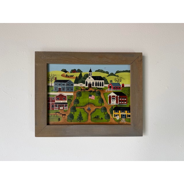 1985 Nancy Lucek Folk Art Village Landscape Oil Painting on Canvas, Framed For Sale - Image 4 of 12