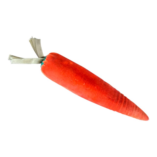 Orange Velvet Soft Sculpture or Pin Cushion in the Form of a Carrot With Green Silk Ribbon Top For Sale