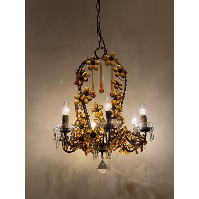 Flower Basket Chandelier with Amber Color Crystals, 1950s For Sale - Image 14 of 18