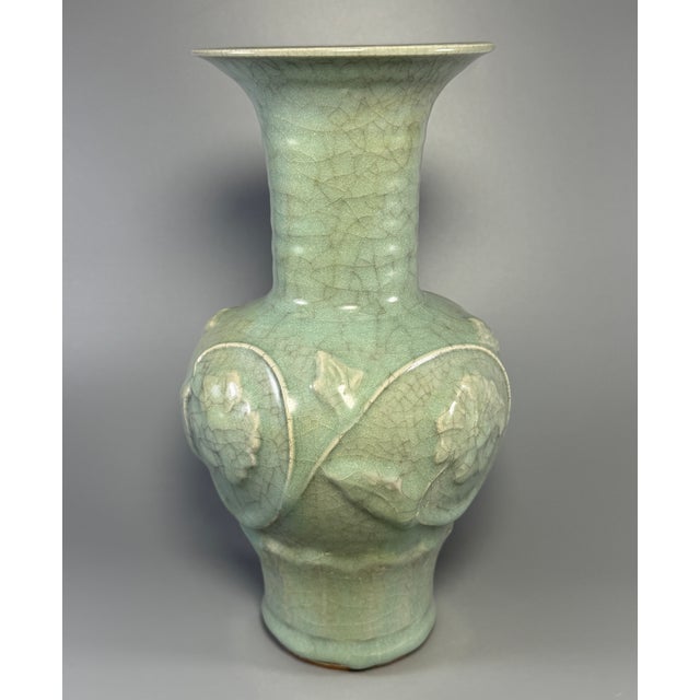15th Century & Earlier Antique Chinese Celadon Relief‑Carved Flared Rim Vase, Collectible Antique For Sale - Image 5 of 7
