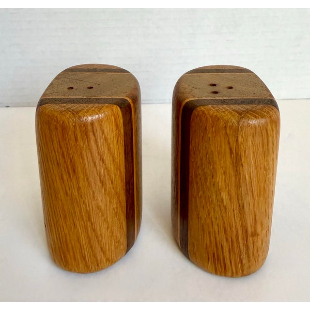1970s Organic Modern Wood Salt & Pepper Shakers With Striped Inlay For Sale - Image 5 of 8