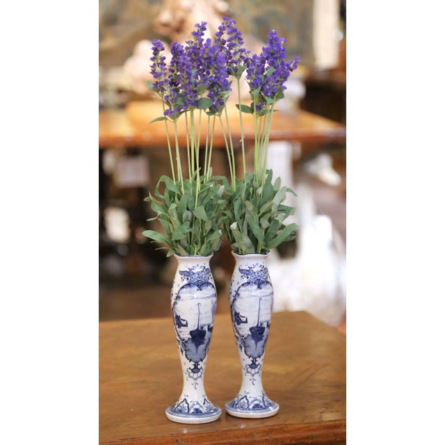 Traditional Pair of Early 20th Century Dutch Delft Blue and White Faience Bud Vases For Sale - Image 3 of 11