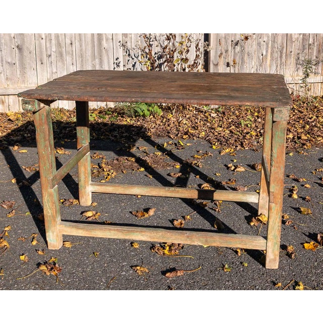 Farmhouse 18th or 19th Century Rustic Primitive Farmhouse Table in Old Green Paint For Sale - Image 3 of 18
