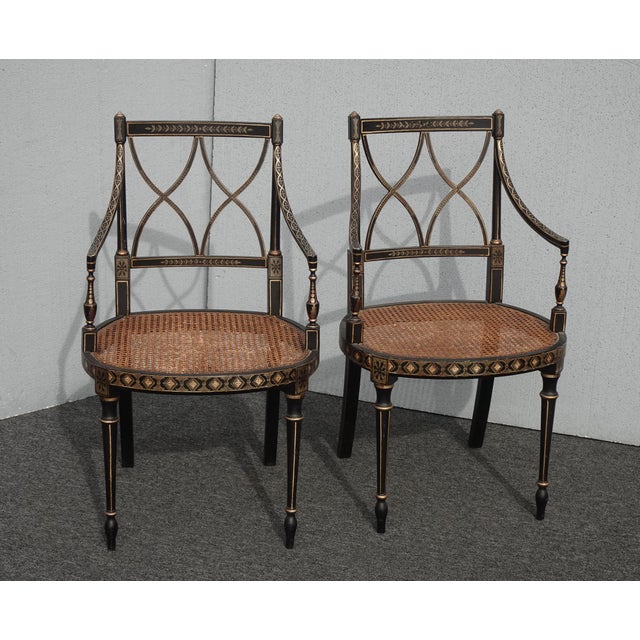 French Pair of Vintage French Style Hand Painteded Cane Arm Chairs For Sale - Image 3 of 12