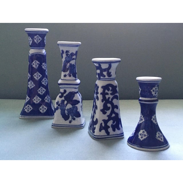 Shabby Chic Vintage Silverstein Blue & White Patterned Candlesticks- Set of 4 For Sale - Image 3 of 12