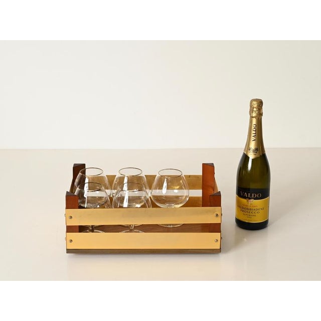 Large Walnut and Brass Bar Crate by T. Barbi, Italy, 1970s For Sale - Image 9 of 15