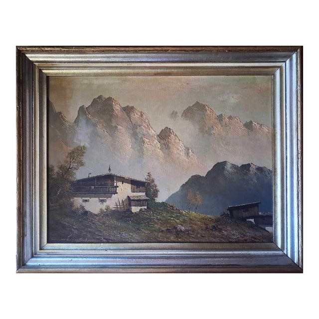 Gustav Weiss Swiss Alpine Village Misty Mountain Peaks Oil Painting For Sale
