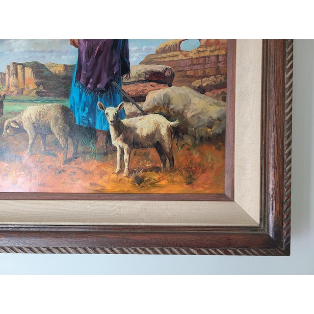 1970s Filastro Mottola Pastoral Oil Painting Native American Navajo Girl Sheep Desert For Sale - Image 10 of 15