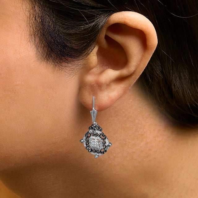 Black Rhodium and .925 Sterling Silver 3/4 Cttw Diamond Medallion Drop Earrings For Sale - Image 4 of 5
