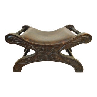 Vintage Mid Century Carved Wood Saddle Leather X-Base Ottoman Footstool For Sale