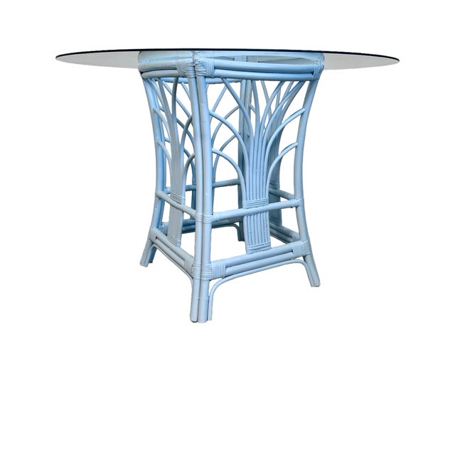 Round Rattan Glass Top Dining Table Soft Sky Blue | Chairish