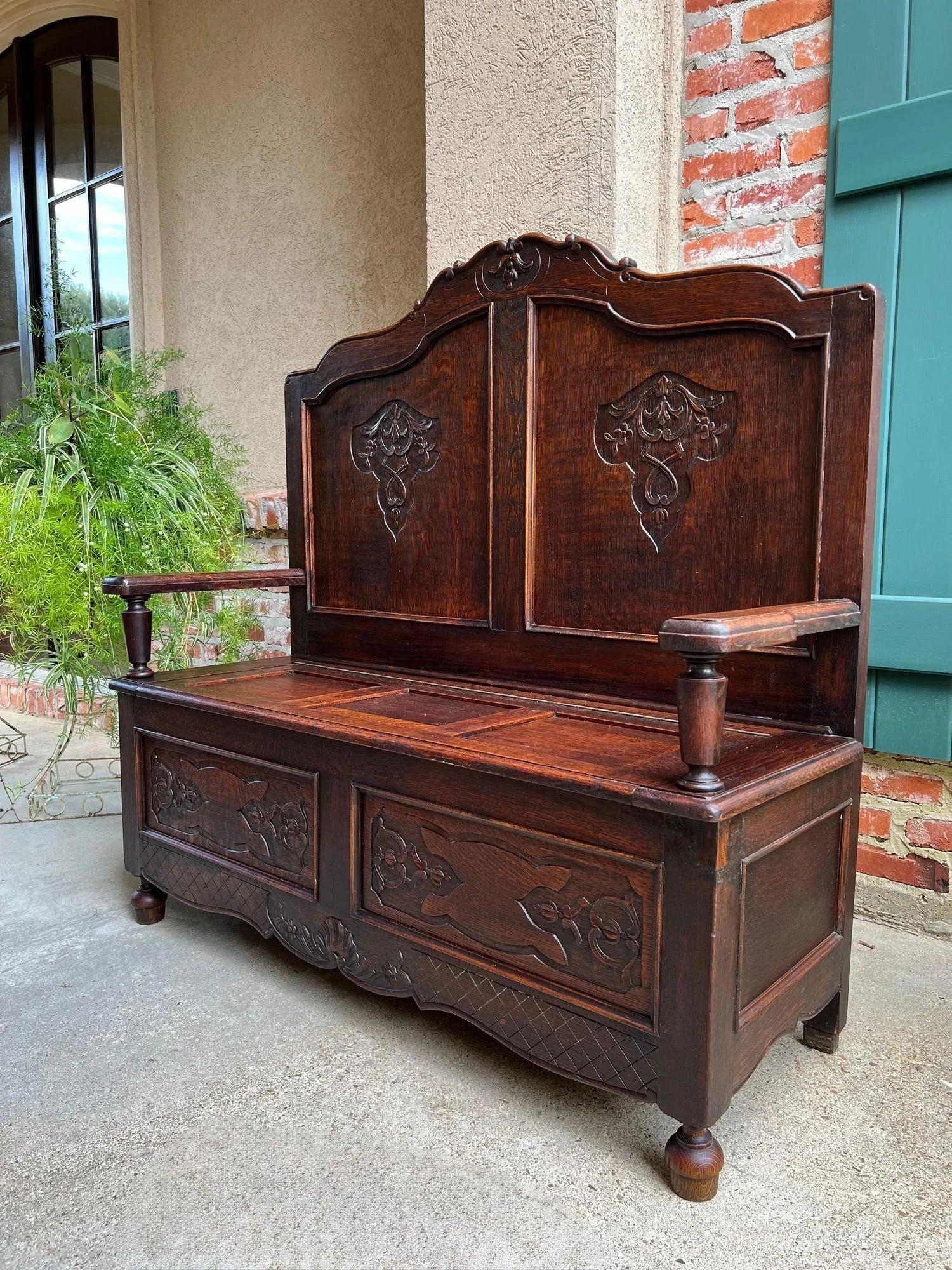 Antique French Louis XV Hall Bench Carved Oak Foyer Settee Lift