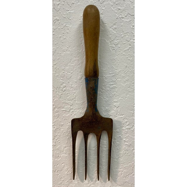 Vintage Small Blue Metal Garden Fork With Wooden Handle From England For Sale - Image 9 of 9