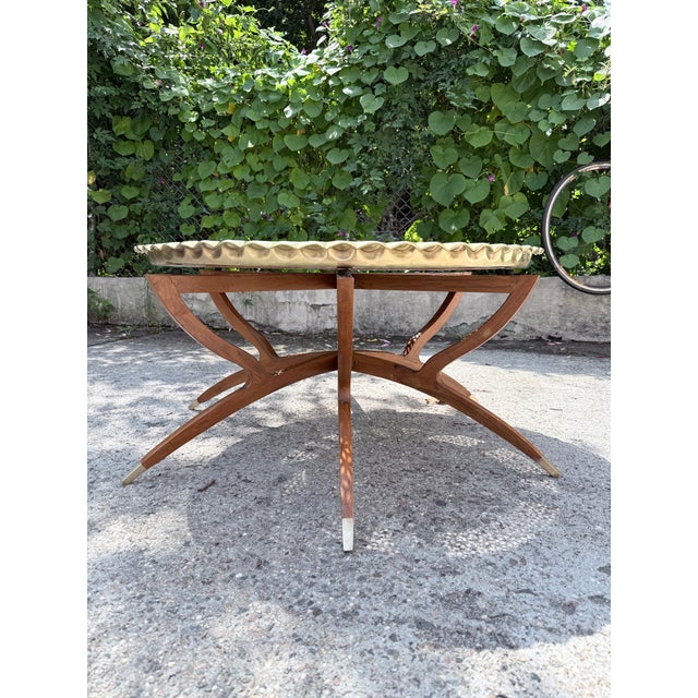 Vintage Mid Century Moroccan Embossed Brass Teak Wood Spider-Leg Coffee Table For Sale - Image 12 of 14