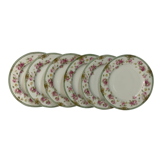 Early 20th Century Theodore Haviland Limoges France Pink Roses With Gold Swag and Green Rim - Set of 6 For Sale