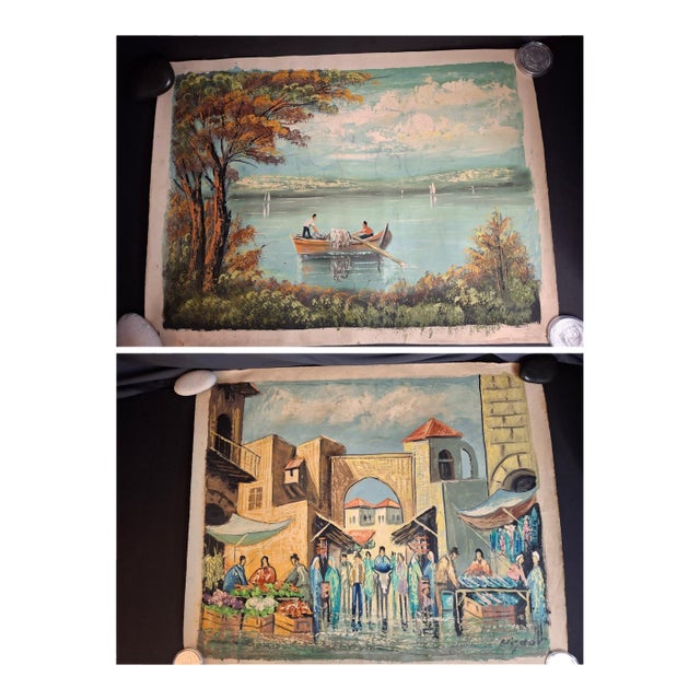 Avigdor Luisada Pair Original Oil Paintings Jerusalem & Sea of Galilee Modernism For Sale