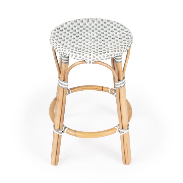 Spritely Home Accent Furniture Tobias 24 in. Seat Height Round Rattan Backless Counter Stool, White/Gray Dot / Natural Rattan Frame For Sale - Image 4 of 8