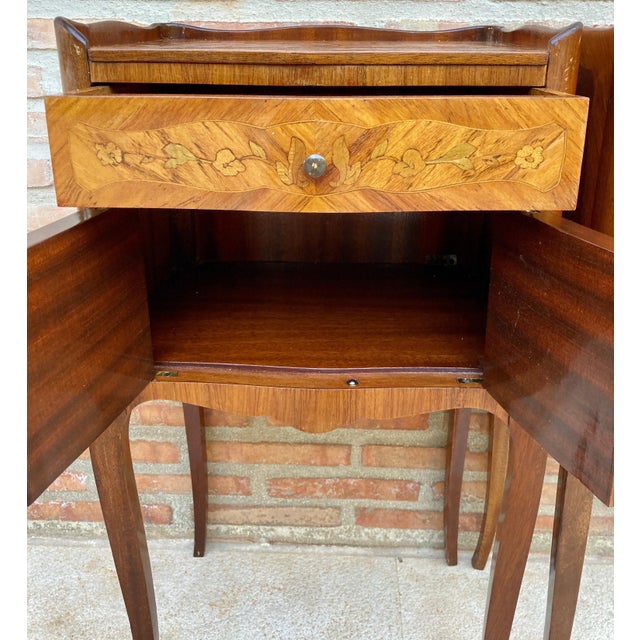 Pair of French Marquetry Bedside Tables with Drawer and Cabinet, 1940s For Sale - Image 4 of 13