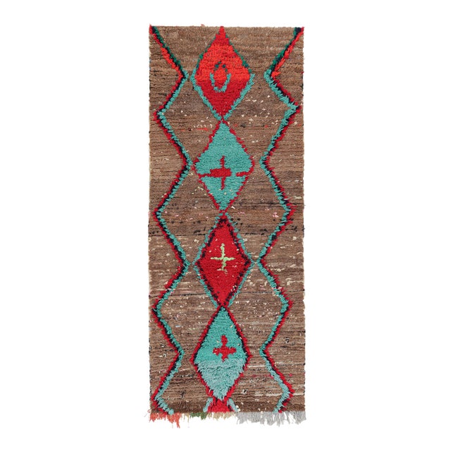 Vintage Moroccan Runner Rug in Red With Beige and Blue Diamonds | Rug & Kilim For Sale