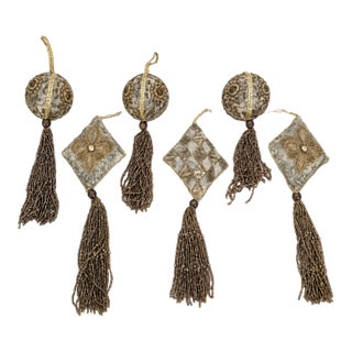 Set of 6 Embellished Gold, Taupe & Bronze Tassel Christmas Ornaments For Sale