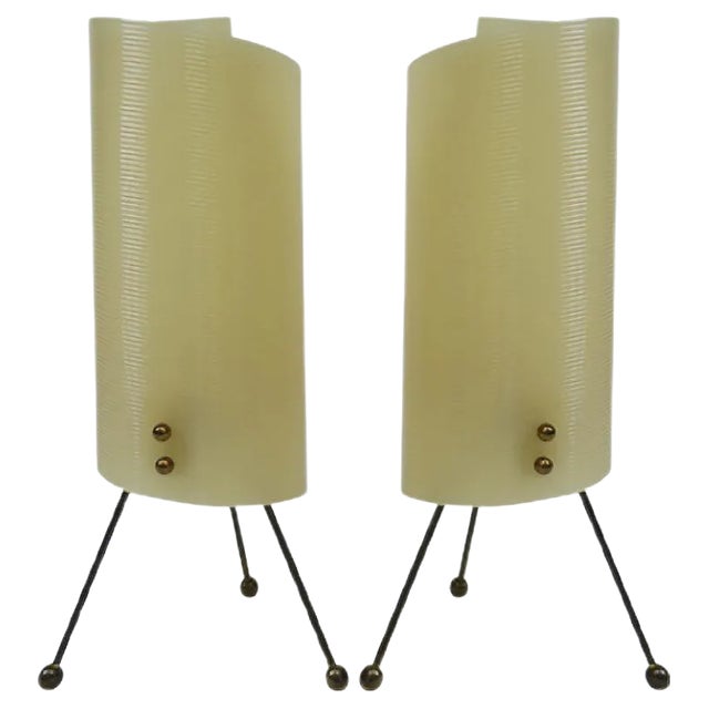 Brass Tripod Night Lights with Beige Acrylic Glass Shade, 1950s, Set of 2 For Sale