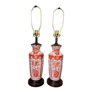 Vintage Pair of Asian Red Porcelain Lamps- Red Chinoiserie Lamps For Sale