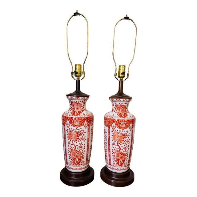 Vintage Pair of Asian Red Porcelain Lamps- Red Chinoiserie Lamps For Sale