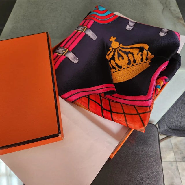 Black 1980s Hermès Silk Scarf Grande Tenue by Designer Henri D' Origny Boxed For Sale - Image 8 of 14