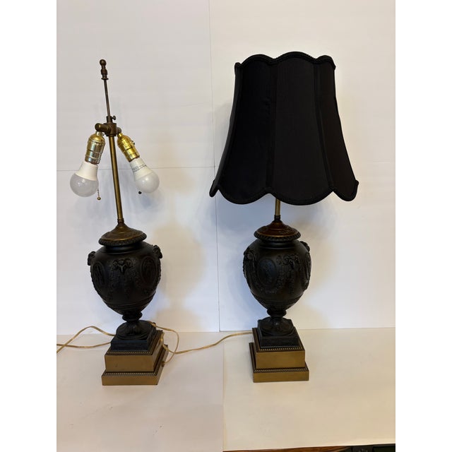 Neoclassical 18th Century Monumental Wedgwood Black Basalt Urn Table Lamps - A Pair For Sale - Image 3 of 10