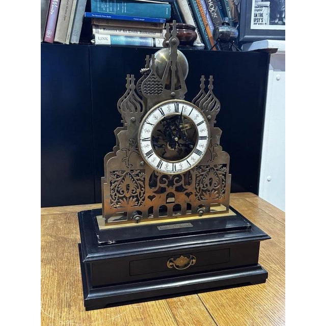 Large Architectural Brass Cathedral Skeleton Clock with Case and Key For Sale - Image 11 of 18
