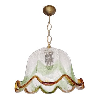 Large Murano Ice Glass Pendant Lamp, 60's 70's Handmade Amber Glass Bell Fixture For Sale