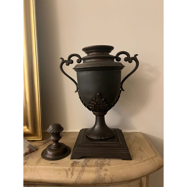 French Pair of Vintage Bronze Mantel Urns or Vases With Lids For Sale - Image 3 of 7
