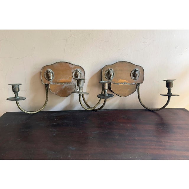 1970s Vintage Colonial Revival Brass Horse Head Double Arm Wall Sconces, Pair For Sale - Image 16 of 16