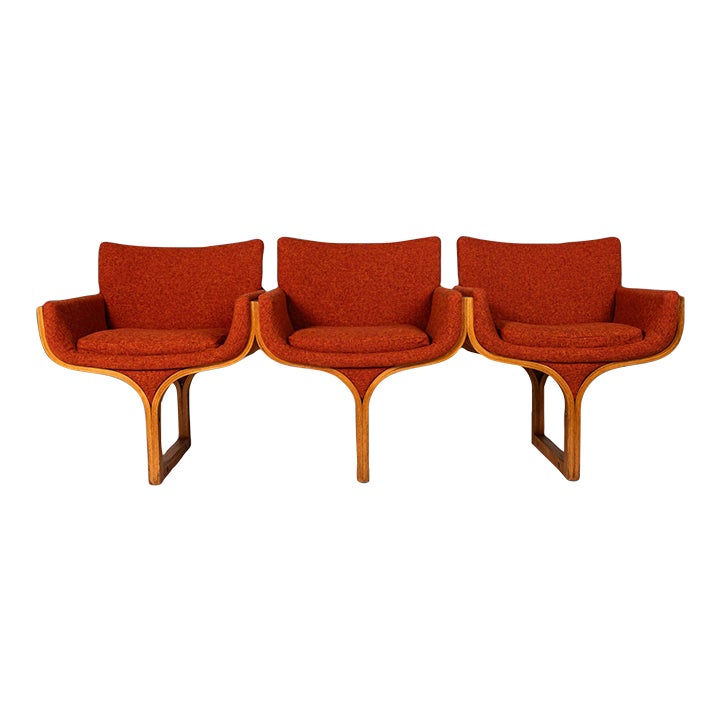 MidCentury Architectural Tandem Three Seat Bench in Burnt Orange Tweed