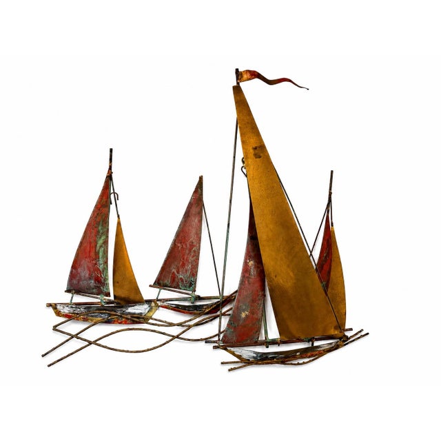 1970s Signed C. Jeré Artisan House Sailboat Regatta Brass Copper Brutalist Mid-Century Modern Wall Sculpture For Sale - Image 5 of 6