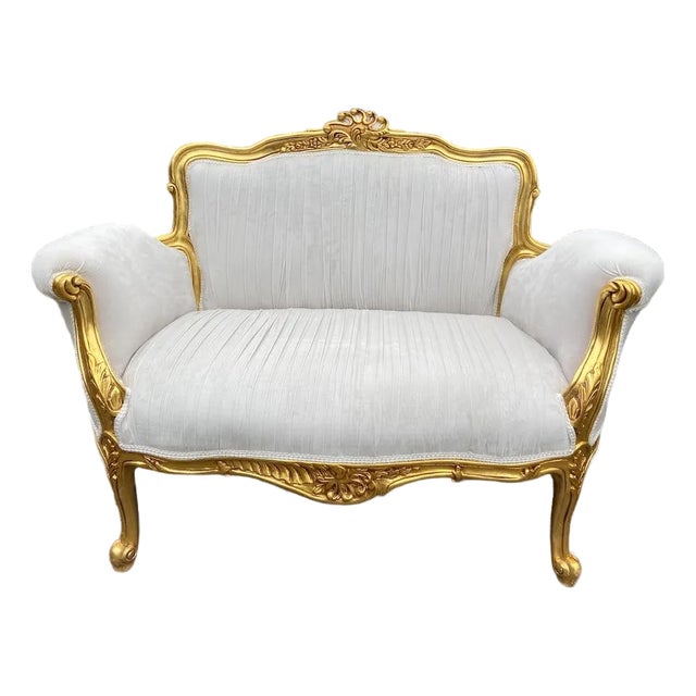 Late 20th C French Louis XVI Off-White Velvet Gilt Beech Settee 1pc For Sale