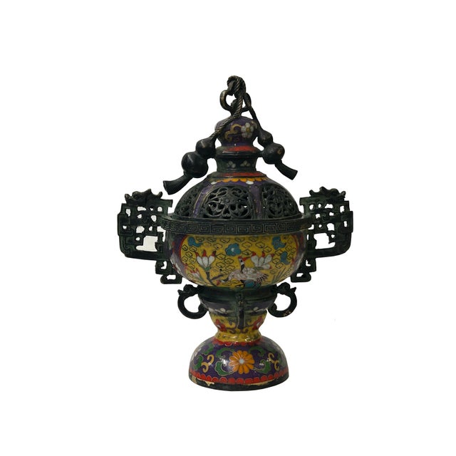 This striking Chinese cloisonné enamel censer, features an ornate, tripod-based silhouette crowned by a meticulously...