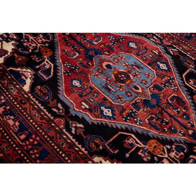 Textile Vintage Handmade Persian Navy Blue Medallion Wool Rug 6'3" X 9'4" For Sale - Image 7 of 11