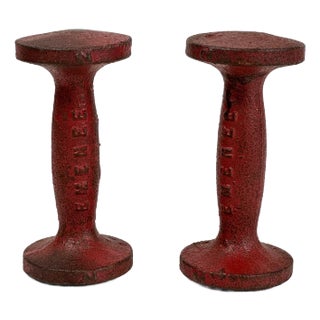 Vintage Pair of Red Cast Iron Dumbbells by Emenee, Mid 20th Century For Sale