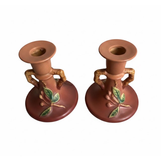Pair of Roseville Apple Blossom 352-4½ Candlesticks, Rose, C. 1948 For Sale In Greensboro - Image 6 of 7