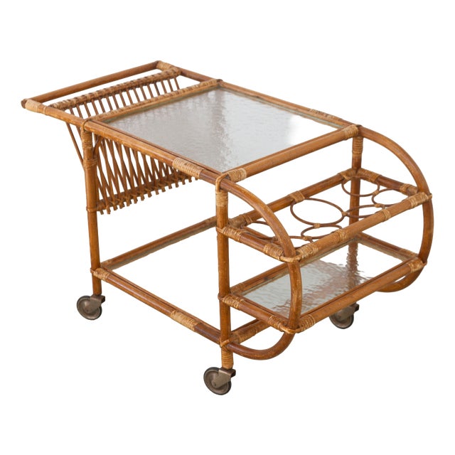 Danish Bamboo and Rattan Bar Cart, 1950s For Sale