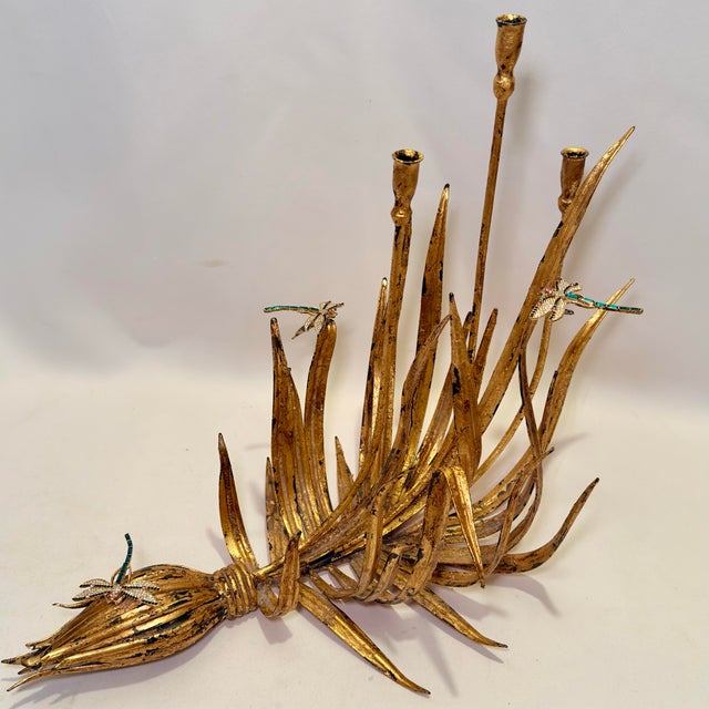 Late 20th Century Vintage Italian Style Hand Gilt Tole 3-Arm Candelabra - Newly Painted For Sale - Image 5 of 11