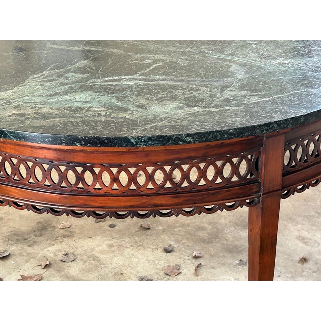Massive Antique Demilune Mahogany Console Table With Green Marble Top – Louis XVI Neoclassical / George III Style Entryway Fretwork Accent Table For Sale - Image 11 of 12