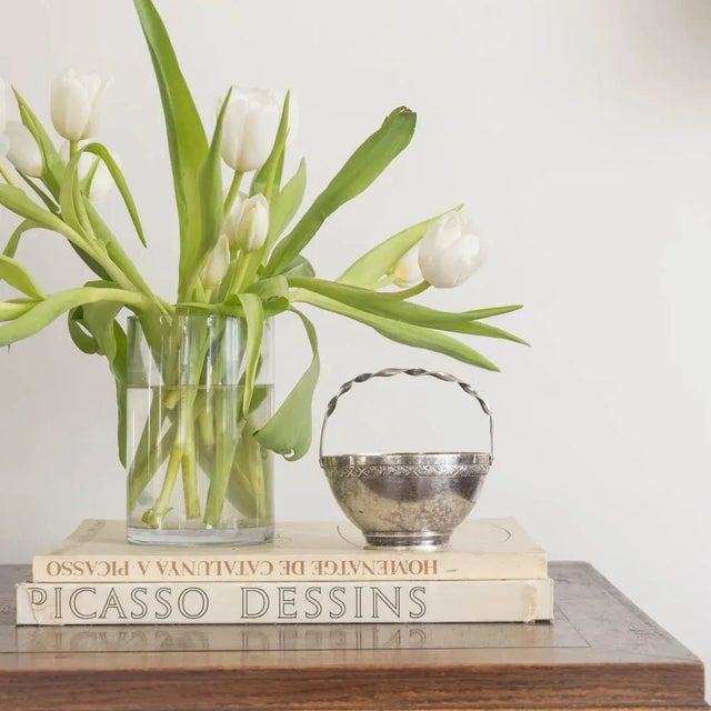 Lovely petite metal decorative bowl from France, 1930s. Beautiful piece with etched detail and twisted metal handle....